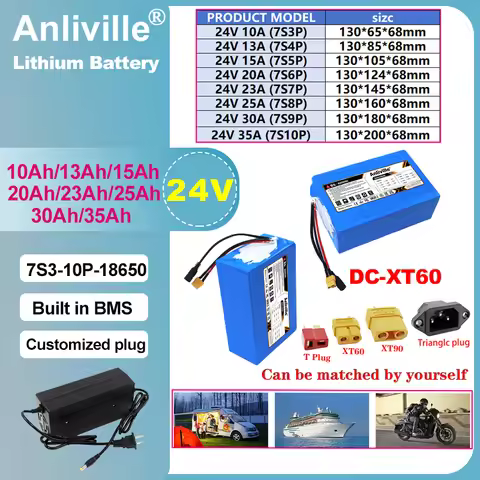 New 24V 10Ah/13Ah/15Ah/20Ah/25Ah/30Ah/35Ah 7S3P-10P 18650 Lithium Battery Pack 750W With BMS For E-t