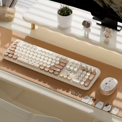 MOFii Milk Coffee Color Block Cute Cat Wireless Keyboard Mouse Combo, Retro Round Keycaps Ergonomic 