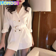 LOMOGI Autumn Korean Fashion Women Long Sleeve Loose Coats Bandage Waist Retro Blazer