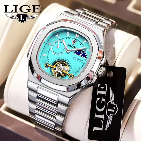 LIGE Dual Seconds Tourbillon Watch 24 Hour Mechanical Watch Men Stainless Steel Authentic Watch Nigh