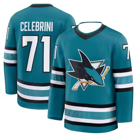 Hockey Jersey - Teal/Black/White Accents "Celebrini 71" Shark Logo Breathable Sports Jersey 3d HD Pr