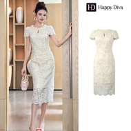 Happy Diva เดรสของผู้หญิง เดรสสีแอพริคอต เดรสแขนสั้น เดรสห่อสะโพก 21833