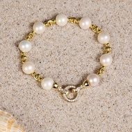 天然白色愛迪生淡水珍珠手鍊 10–12mm 金色鑲鋯圓形扣