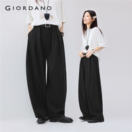 GIORDANO Women Pants Pleated Half Elastic Waist Suit Pants Drape Wide Leg Relaxed Fashion Casual Ban