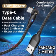 Aufu Charger Cable HP USB TYPE C 2 Meters Long L Shape USB TYPE-C USBC Data transfer Cable Smartphone Special Gaming nylon Strong FastCharging Can Up To 18watt 3A 180 Rotate Compatible For HP Android samsung Xiaomi Infinix Oppo Vivo Realme Huwaei