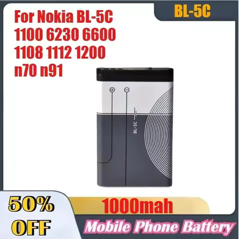 BL-5C 1000mAh Mobile Phone Battery for Nokia BL-5C 1100 6230 6600 1108 1112 1200 N70 N91 Replacement