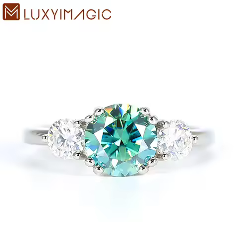 Luxyimagic 2CT Cyan Moissanite and 0.8ct White Moissanite Rings for Women Round Cut Solitaire Ring f