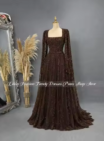 Custom Gorgeous Brown Crystal Appliqué Muslim Evening Gown Luxury Islamic Evening Gown Formal Occasi