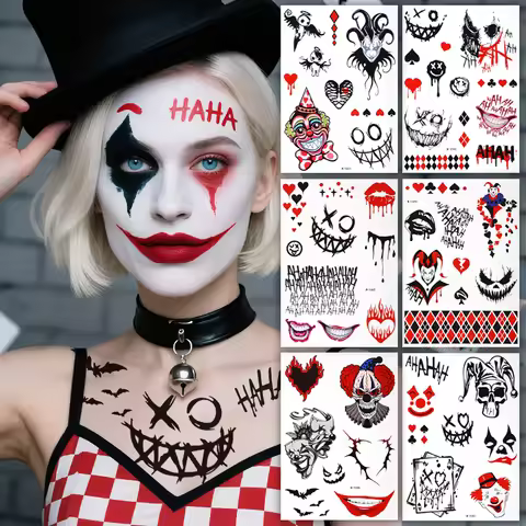 Halloween Temporary Tattoo Sticker Waterproof Scary Joker Tattoo Sticker For Men and Women Party Bod