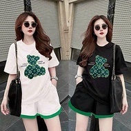 Bộ đồ nữ quần đùi ngắn áo thun cotton 100% form rộng thêu hình gấu, bộ đồ thể thao đi chơi, bộ đồ mặ