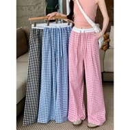 Women's plaid pants with white waistband, high waist, wide leg, many basic colors, soft and cool mat