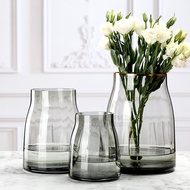 Jfmm Nordic Simple Primary Color Glass Vase Transparent Flower Arrangement Gray Gold Short Stout Large Mouth Vertical Stripes Fresh Vase