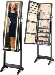 LUXFURNI LED Light Jewelry Cabinet Standing Full Screen Mirror Makeup Lockable Armoire, Large Cosmetic Storage Organizer w/ Brush Holder (Black)