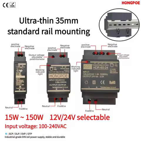HDR Series SMPS 15W/30W/60W/100W/150W DIN Rail Power Supplies, 12V/24V LED Drivers, 100-240VAC for I