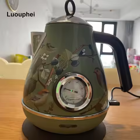 1.7L Retro Paint Decal Electrc Kettle Boiling Water With Thermometer Auto Power Off 304 stainless St