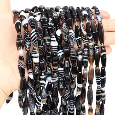 Natural Stone Black Striped Agate Rice Gemstone Reiki Healing Crystal Evil Eye Agate Jewelry DIY Acc