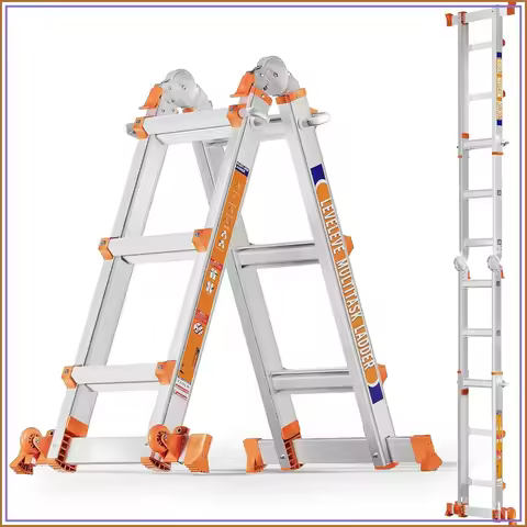 Multi Position 3 Step Ladder, 11FT Extension Ladder with Stabilizer Bar & Wheels, 330 lbs Capacity