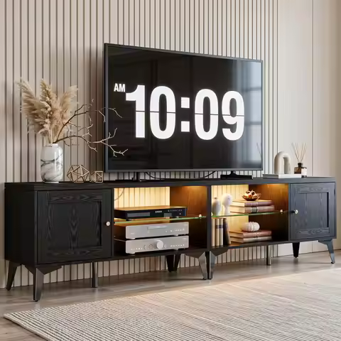 2-in-1 TV Stand for 85 Inch TV, Black TV Consoles with LED Lights & Charging Station, Entertainment 
