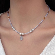 Sweet Fashion OL Millet Grain Natural Pearl Necklace For Women Vintage Romantic Colorful Sea Blue Be
