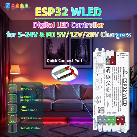 DOMRAEM ESP32 WLED Controller USB-C PD 5V 12V 20V 3A DC5-24V 16A Fuse WiFi Addressable LED Strip WS2