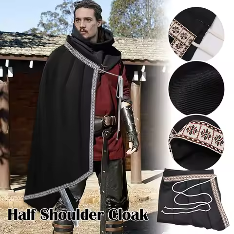 Medieval Tudor Cloak Renaissance Knight Men's Half Shoulder Cape Black Hooded Shrug Ranger Cape Larp