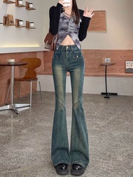 Quần Jeans Nữ Cạp Cao Retro High Waist Frayed Ankle Length Bootcut Design Sensation Slim Fit Fall Ne