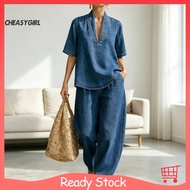 [chea]   Two-piece Denim Set Women Work Outfit Summer Women’s Summer 2-piece Denim Set – Short Sleev