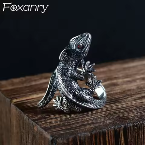 FOXANRY Vintage Handmade Animal Rings for Women Couples INS Fashion Creative Red Eyed Lizard Ring Bi