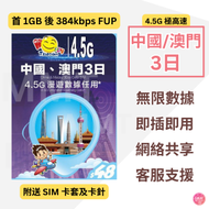 中國內地/ 大陸、澳門【3日 1GB FUP】4.5G高速數據上網卡 電話卡 旅行卡 數據卡 Data Sim咭(可連接各大社交平台及香港網站)