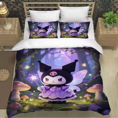 Kuromi Forest Bedding Set, Magical Print, Cute Kuromi & Glowing Mushroom Scene, Soft Microfiber Duve