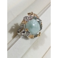 (R127) GREEN JADEITE NATURAL GEMSTONE SILVER GOLD FLOWER ADJUSTABLE RING 绿色翡翠天然宝石银金花可调节戒指 CINCIN BUNGA BATU EMAS PERAK