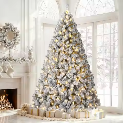 6FT Pre-Lit Snow Flocked Artificial Christmas Tree – 710 Branch Tips, 250 Warm White Lights, Foldabl