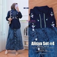 Setelan Wanita One Set Blouse Tunik Linen Bordir Bunga Set Rok Jeans