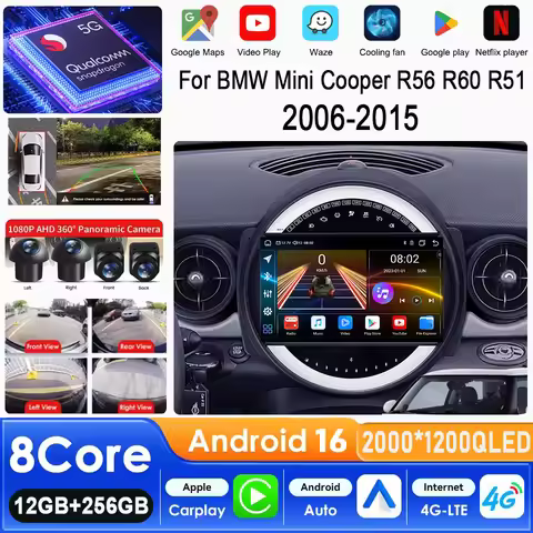 Android 16 Carplay Auto For BMW Mini Cooper R56 R60 R51 2006 - 2015 Car Radio Multimedia Video Playe