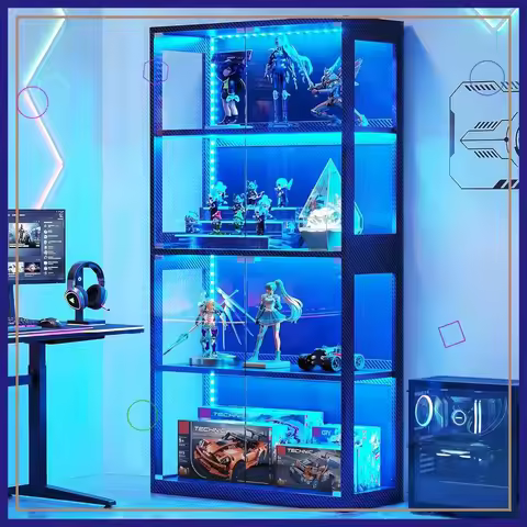 4-Tier Glass Display Cabinet with RGB Lights, Curio Shelf for Collectibles & Gamers, Black Game Room