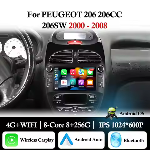 CarPlay Android 16 For PEUGEOT 206 206CC 206SW 2000 - 2008 Car Radio Video Multimedia Player DSP Ste