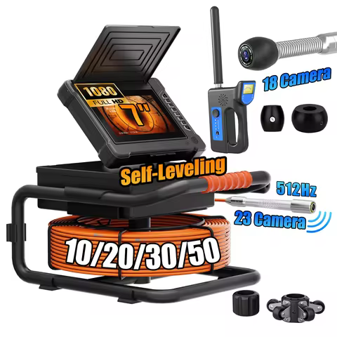 7"Sewer Camera, 512Hz Self-Leveling Sewer Inspection Camera with 20X Image Enlarge, IP68 Waterproof 