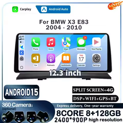 12.3 inch Android 15 For BMW X3 E83 2004 - 2010 QLED 2400*900P Car Player Carplay Radio GPS Navigati