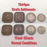 1Set4pcs 1Cent-5Cents Coins 1920-1957 Strait Settlements King George V, George VI, Queen Elizabeth D