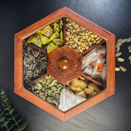 CNY candy tray, CNY candy box made of rosewood with glass surface, 7 convenient compartments BK02