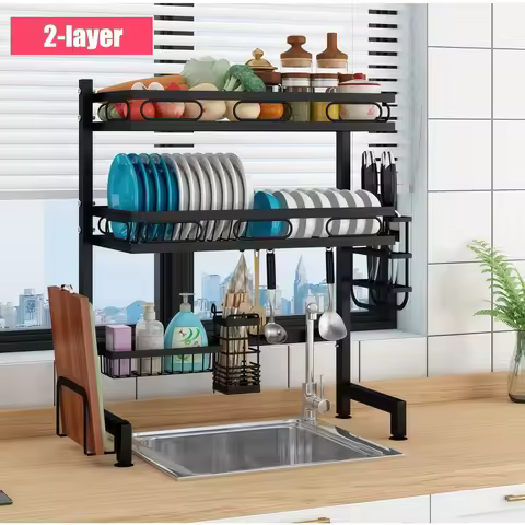 Dish Rack Over Sink Kitchen Above Sink Shelf Dish Drying Rack Large Capacity 55CM, Single Layer/Doub