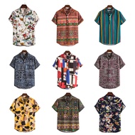 M-3XL Cotton and linen Men's Regular Size Casual Fashion Floral Printed Short Sleeve Shirts Kemeja Batik Lelaki Floral Printed Shirts Regular Size Short Sleeve Shirts Kemeja Batik Lelaki short-sleeved plaid shirt Short sleeved floral Polo shirt