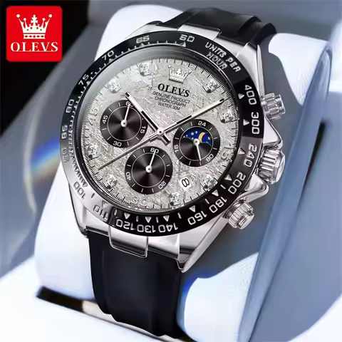 OLEVS New Luxury Men's Watch Comfortable Silicone Strap Chronograph Waterproof Moon Phase Top Brand 
