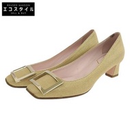 Roger Vivier 方形金屬扣帆布方頭粗跟高跟鞋，狀況極佳，米色和金色，36 碼。