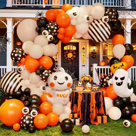 119Pcs Orange Cream Black Halloween Balloon Arch Kit Ghost BOO Eyeball Dot Balloons Cute Spooky Part