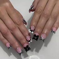 Halloween Press on Nails Medium Square Fake Nails with Black Bow Spider Web Design French Tip Stick 