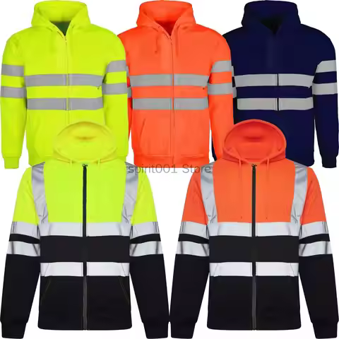 Mens Reflective Strip Sanitation Overalls Fleece Hooded Jacket for Cold-Proof Outdoor Sweater Work S