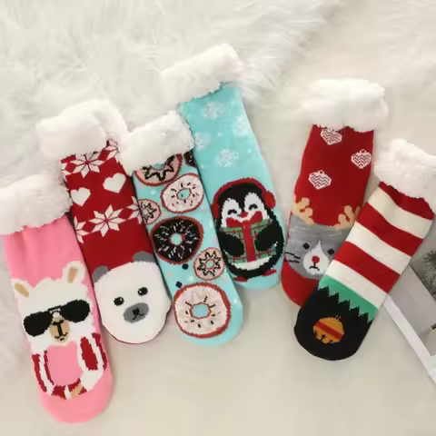 Fuzzy Thermal Sock Women Winter Warm Funny Bear Sheep Cute Kawaii Non Slip Cartoon Sleeping Soft Com