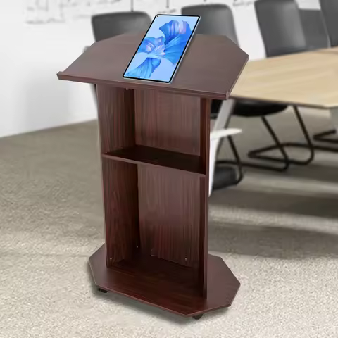 Podium Stand 46" Hostess Stand with 4 Rolling Wheels Wooden Podium Stand Mobile Presentation Lectern