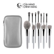Bộ cọ trang điểm cá nhân cao cấp GUVIET màu bạc gồm 12 cọ đi kèm túi da hoặc ống đựng